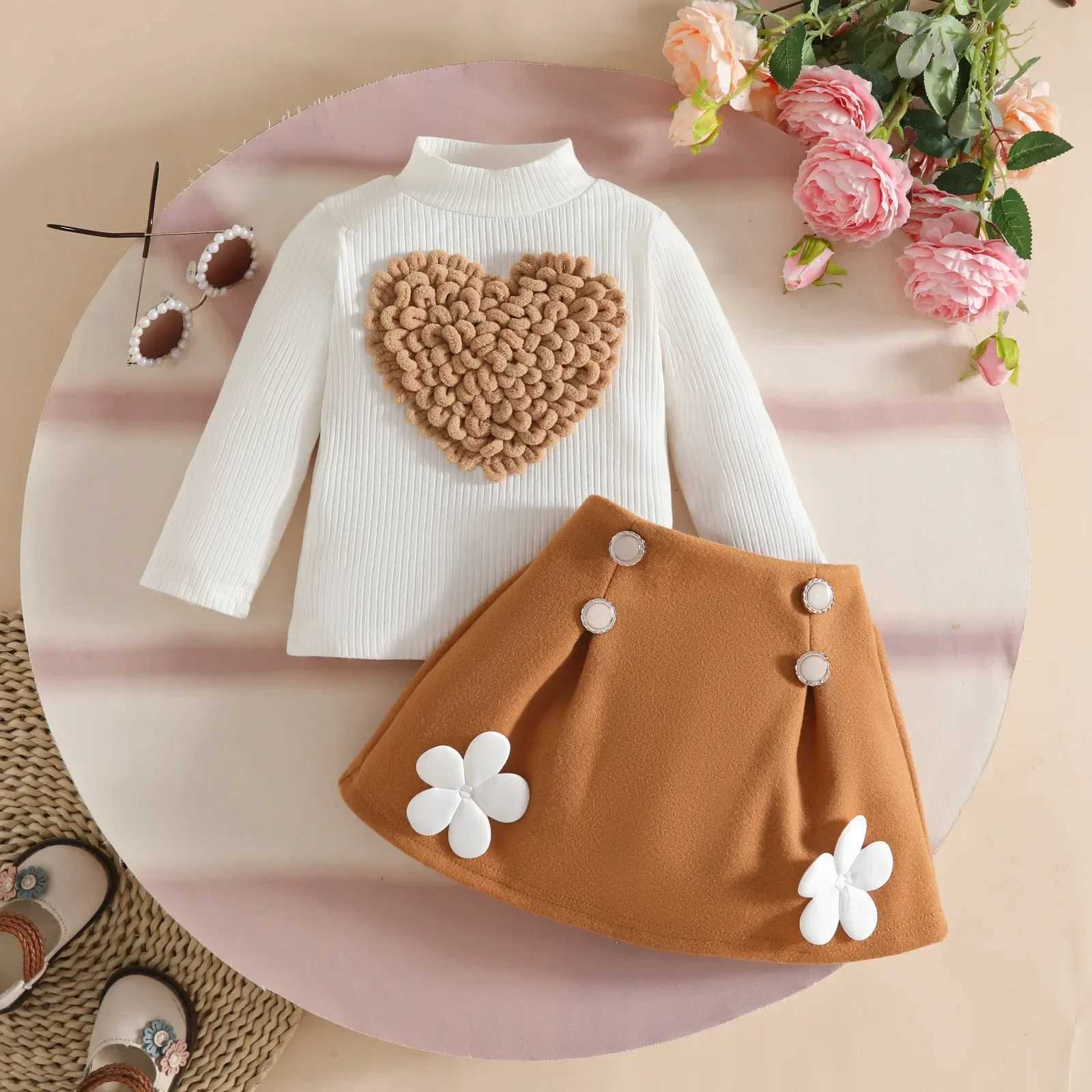 03Y Baby Newborn Items 2Pcs Sets Toddler Girl Mock Neck Heart Patch Top and Flower Button Skirt Sweet Casual Infant Outfit L250926MRK8