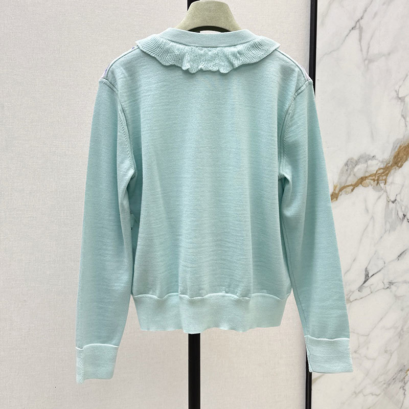 Luxury Designer Women's Rope Print Patchwork Wool Knit Cardigan Autumn Winter New Ruffle Trim Round Neck Zip Up H-Line Sweater Two Colors High Qu