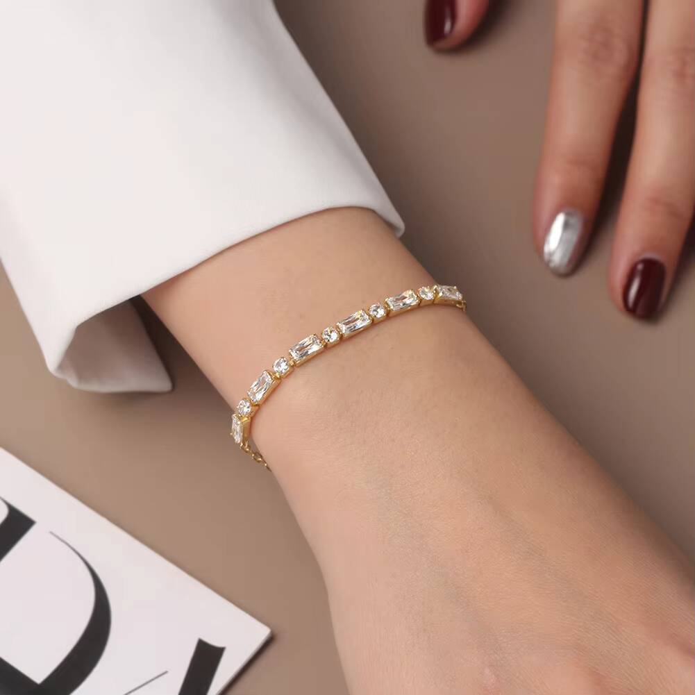 RINNTIN SB214 Delicate Tennis Bracelet 925 Sterling Silver Paper Clip Bracelet Sparking Bracelets for Women