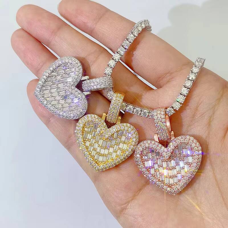 Iced Out Jewelry Luxury Silver Baguette Moissanite Diamond Pendant Hip Hop Custom Diamond Heart Pendant