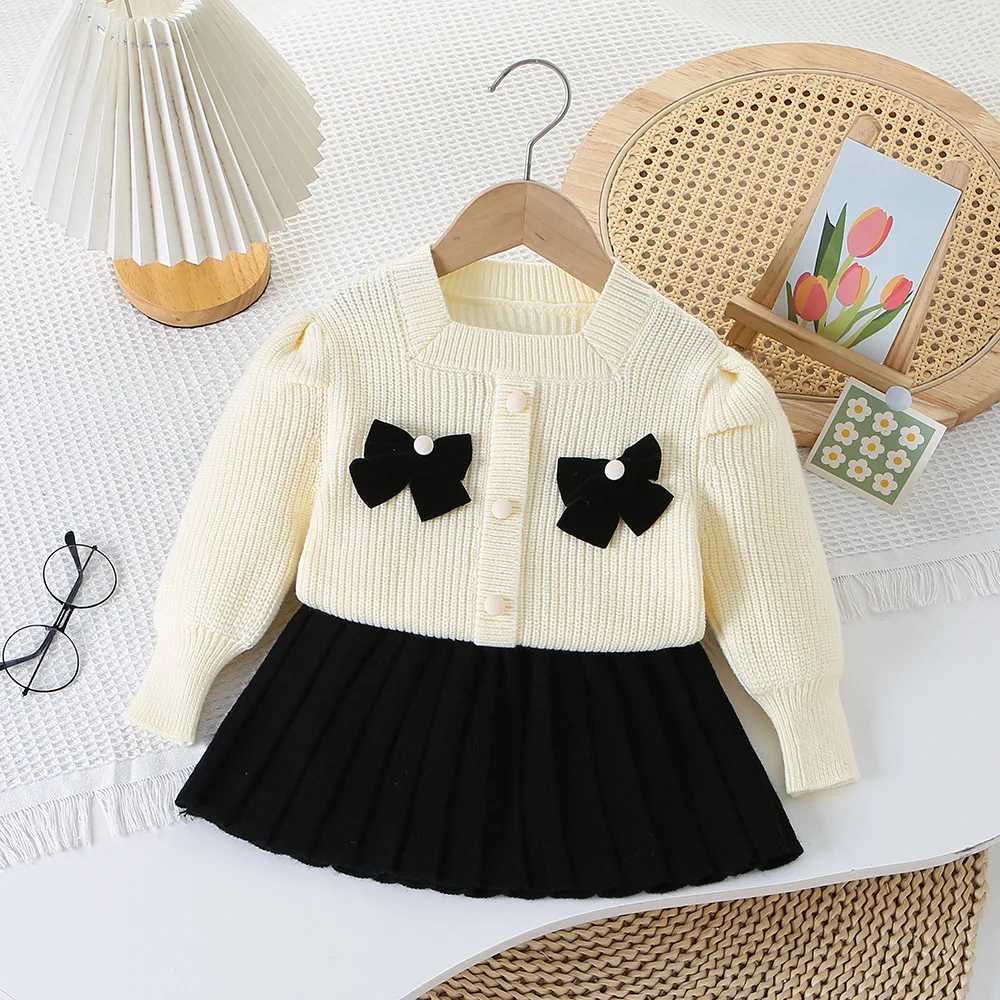 Childrens Sweater Skirt Square Neck Bow Knitted Twopiece Set Baby Girl Autumn and Winter New Korean Sweater Skirt L2509269WL3