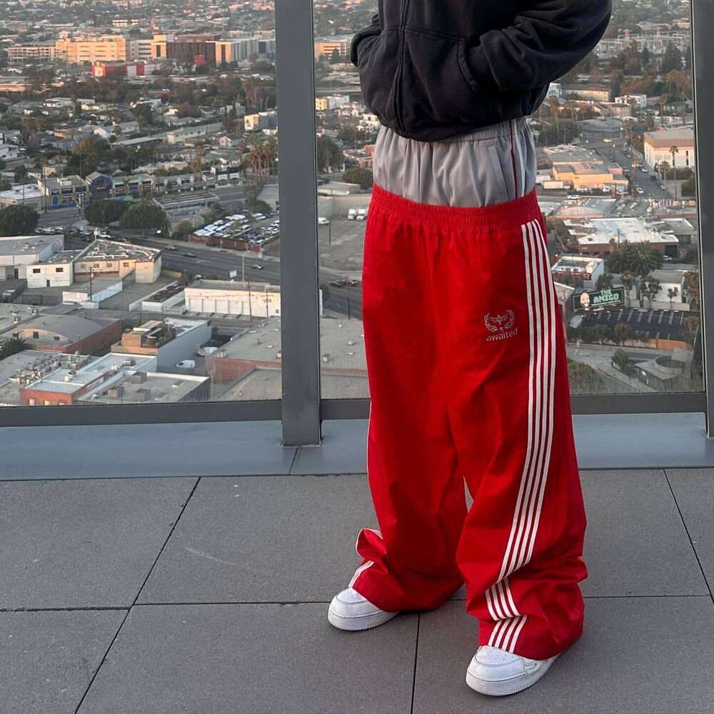 Double Waist Striped Casual American Style Unisex Trendy Brand Fake Two-Piece Loose Long Pants