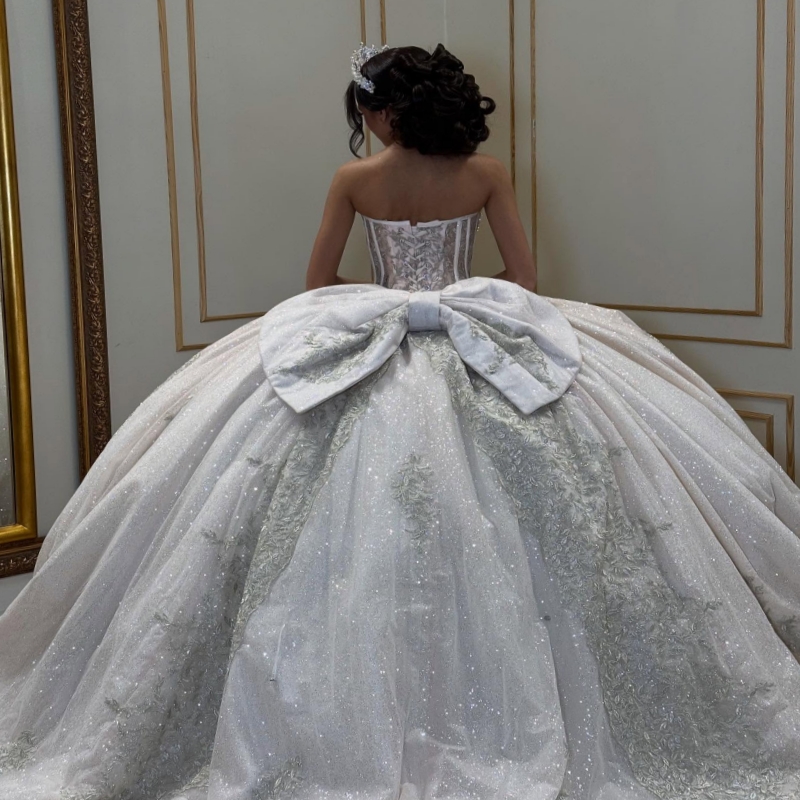 Ivory Shiny Quinceanera Dresses Off The Shoulder Applique Lace Beading Crystal Bow Corset Tull Party Birthday Sweet 16 Dress Vestidos 15 Anos