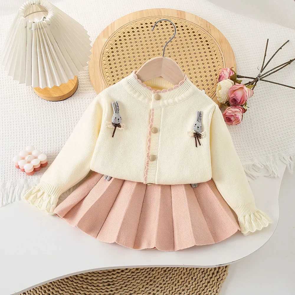 27Y Autumn Girls Clothing Set Knit Bunny Cardigans Pleated Skirt 2Pcs Knit Suit Girls Sweater Knit Outerwear L250926HC6N