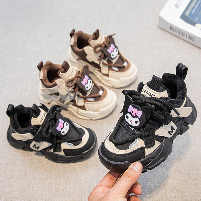 Girls' new winter children's sports cotton shoes, big children's wool lining, black rice dad shoes, girls' hot fashion designer sh