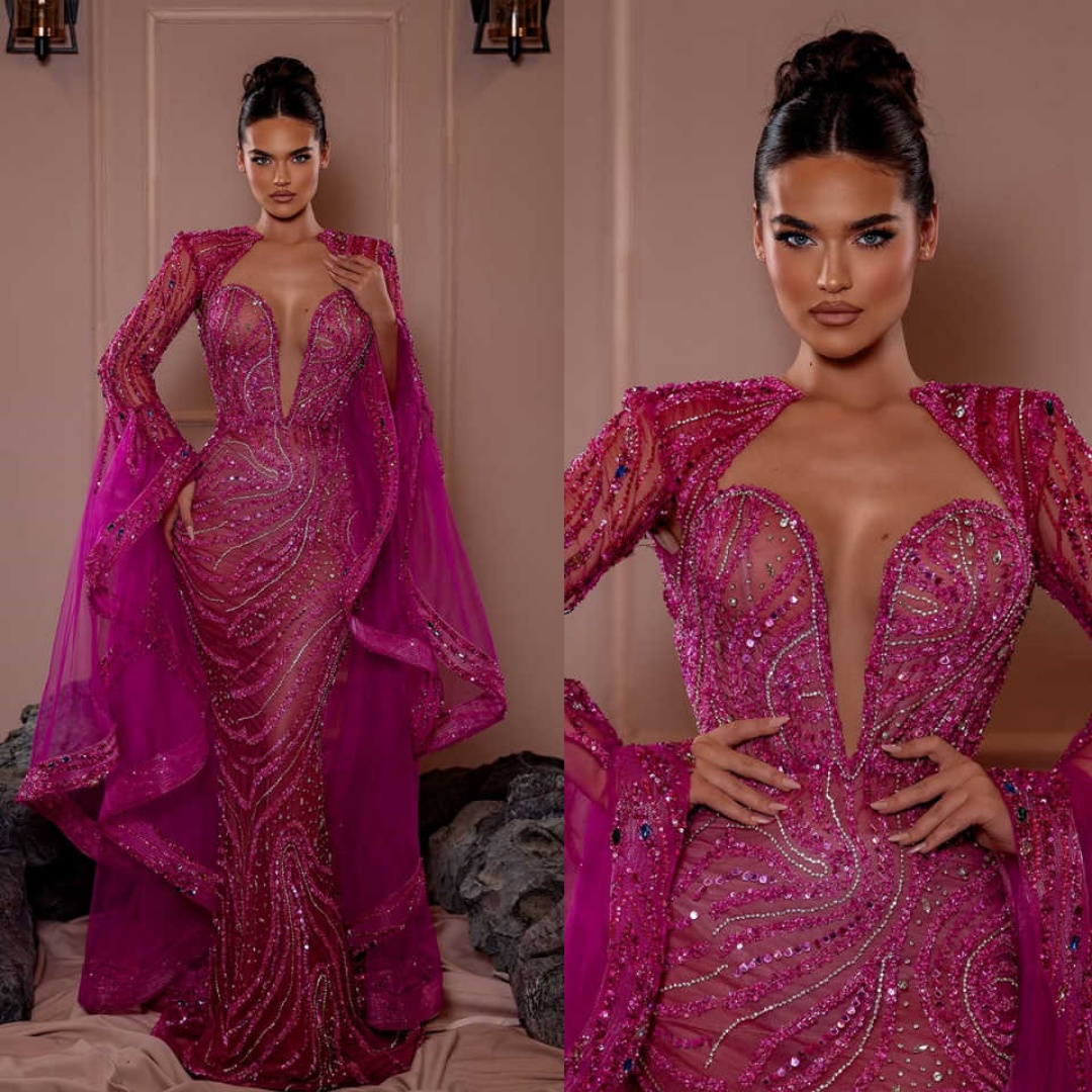 Glitter Sequins Evening Dresses V Neck Long Sleeve Mermaid Prom Dresses Crystal Beading Vestidos De Gala Custom Made