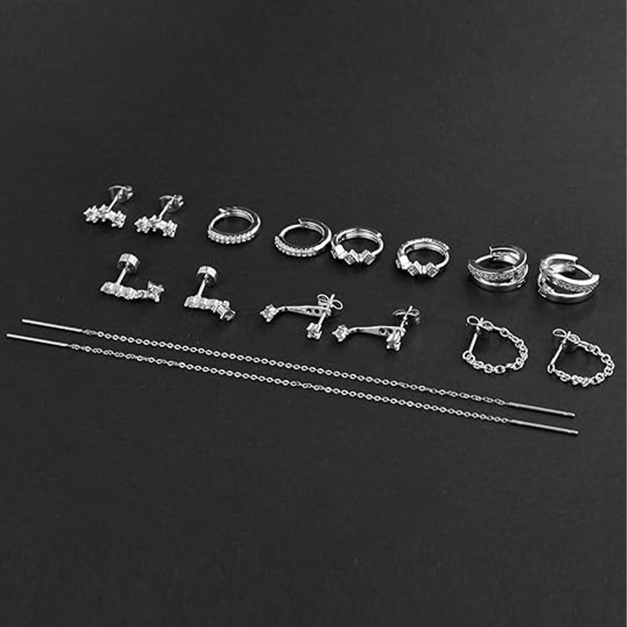8 Pairs Silver Plated Small Hoop Earring CZ Cartilage Stud Earring for Women Long Chain Drop Dangle Stack Earrings for Multiple Piercings Silver Tone