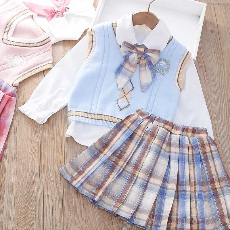 Girls JK College Style Suit Autumn Winter New Sweater Vest Doll Collar Shirt 3 Pieces Pleated Skirt Boutique Kids Clothing Set L250926QOUS