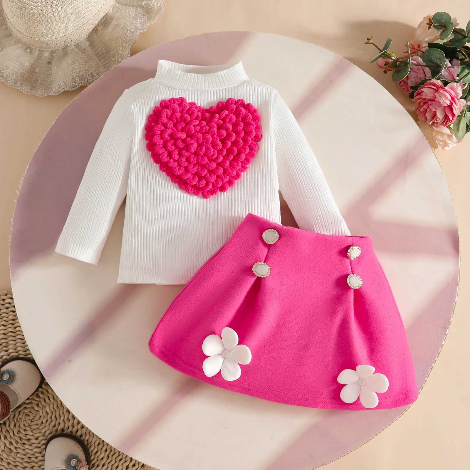 Pudcoco Toddler Baby Girl Fall Outfit Heart Mock Neck Long Sleeve Tops with 3D Flower Mini A Line Skirt 2Pcs Set 6M4T L250926IKFM