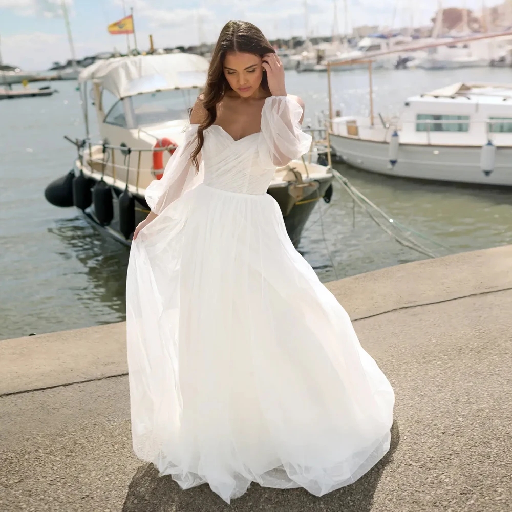 Elegant Wedding Dress 2026 Strapless Puff Sleeves Open Back Floor Length Tulle A-line Beach Bride Gown Bridal Gowns Vestidos De Noiva