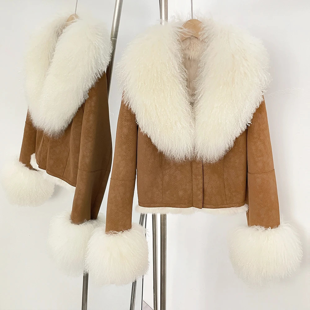 2025 Autumn Winter Suede Real Mongolian Sheep Fur Coat Women Fur Jacket with Long Sleeve Arrival Winter Rabbit Fur Lining 250917