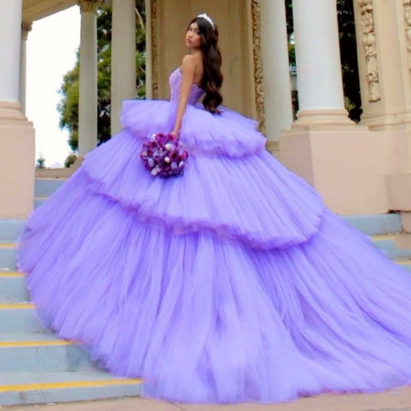 Lavender Quinceanera Dresses Off The Shoulder Sequin Applique Beading Corset Tiered Tull Party Birthday Sweet 16 Dress Vestidos 15 De Anos