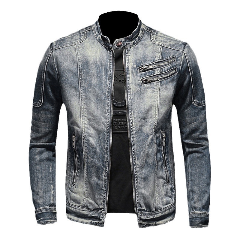 windbreaker Fashion Men's Denim Jacket Casual Retro Oversized Stand Collar Zippered Coat Riding Motorcycle Chic European code: M-3XL