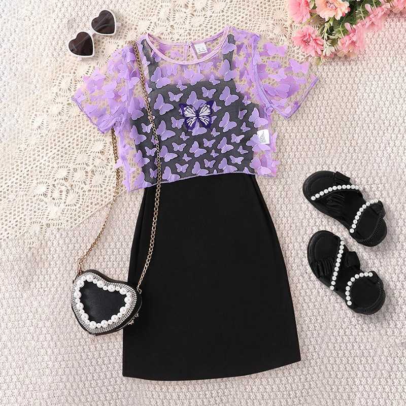 Girls Summer Butterfly 2Piece Dress Tee Set Stretchy Comfortable EasyCare Kidswear L250926WJ3R