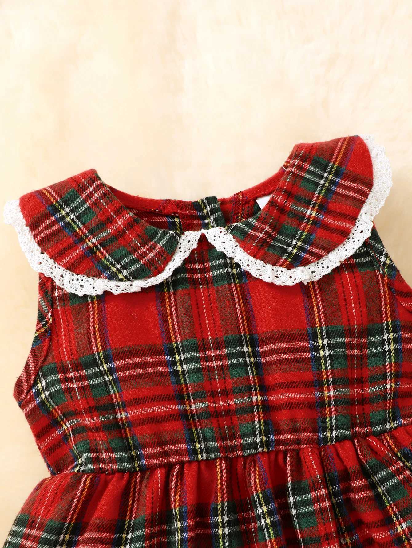 Christmas Baby Girl Set Doll Collar Flip Collar Checkered DressKnitted Cardigan Coat Lace Casual Cute Two Piece Set L250926XD4X