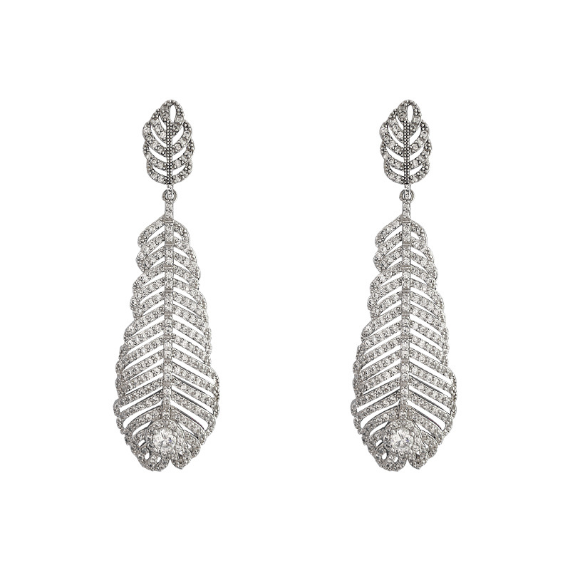 Choucong Sparkling Luxury Dangle Women Fashion Jewelry 18K White Gold Fill Pave White Zircon Gemstones Party Women Wedding Dangle Long Tassel Feather 