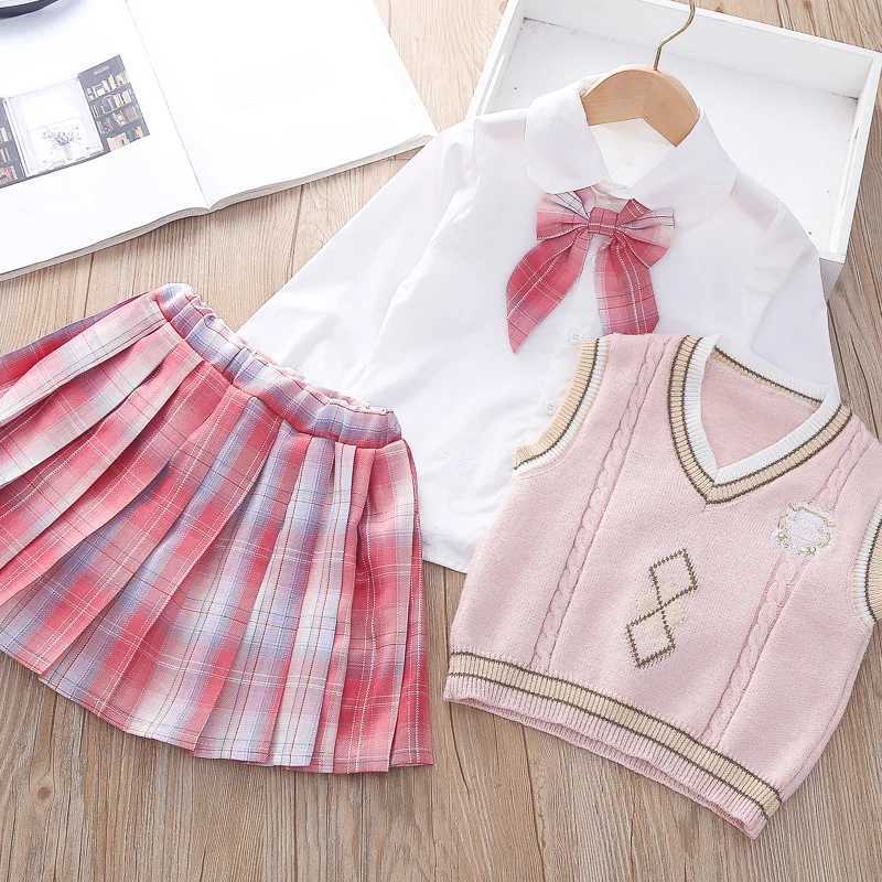 Girls JK College Style Suit Autumn Winter New Sweater Vest Doll Collar Shirt 3 Pieces Pleated Skirt Boutique Kids Clothing Set L250926QOUS