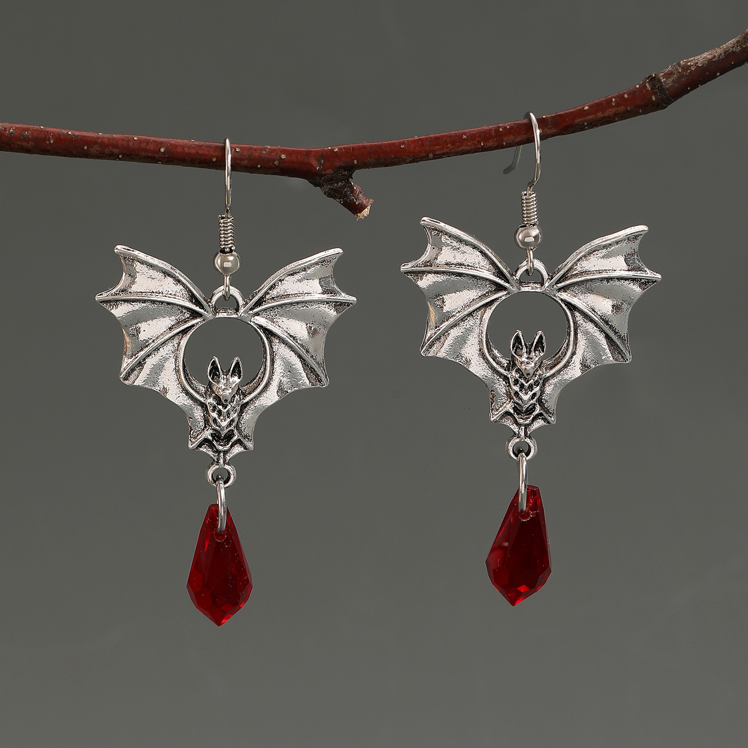 Dark Gothic Style Black Bat Red Crystal For Women Halloween Earrings