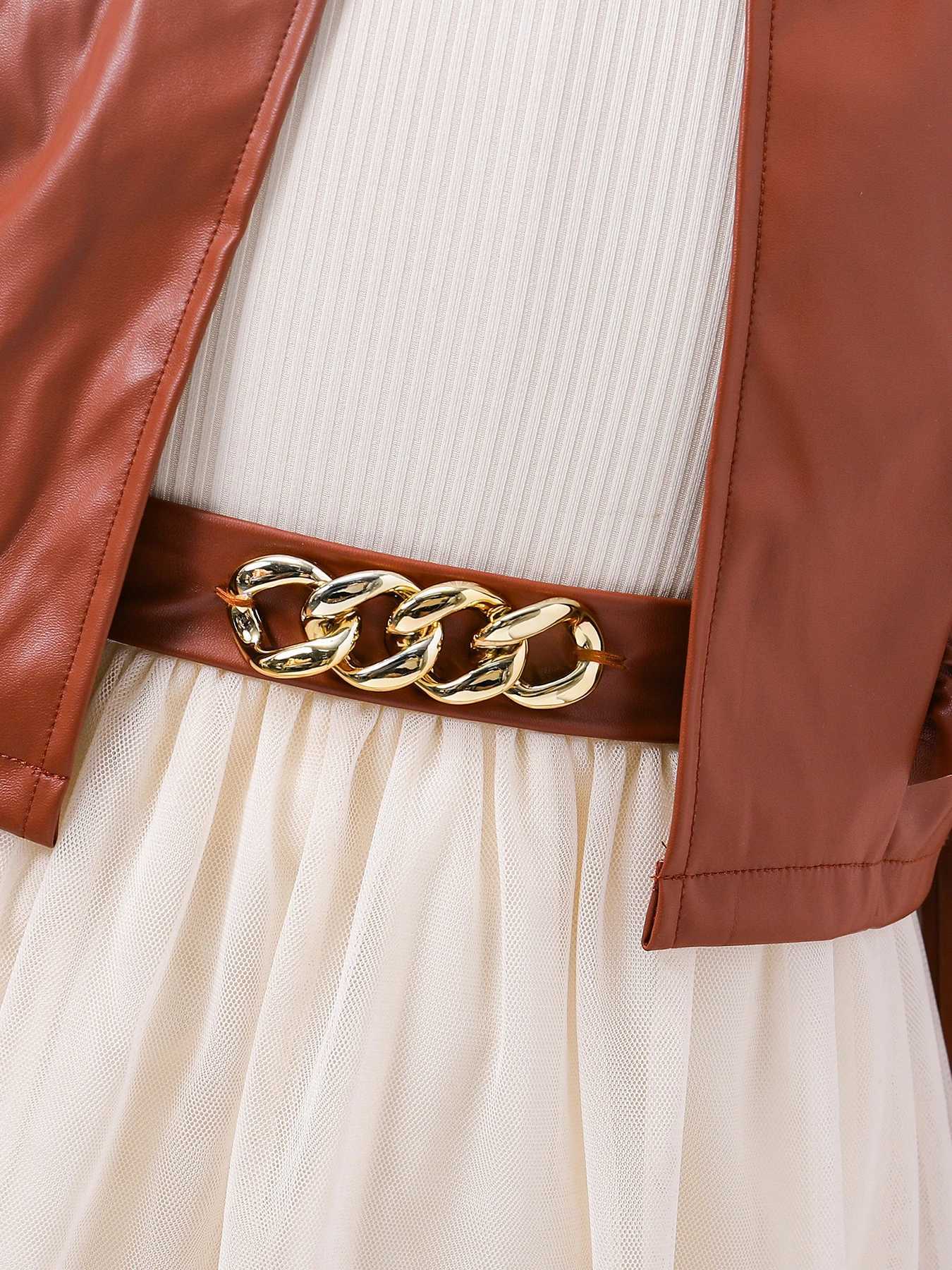 Girls Spring and Autumn Dress Set New Childrens Princess SkirtPU Leather Vest 2piece Set L250926PUQG