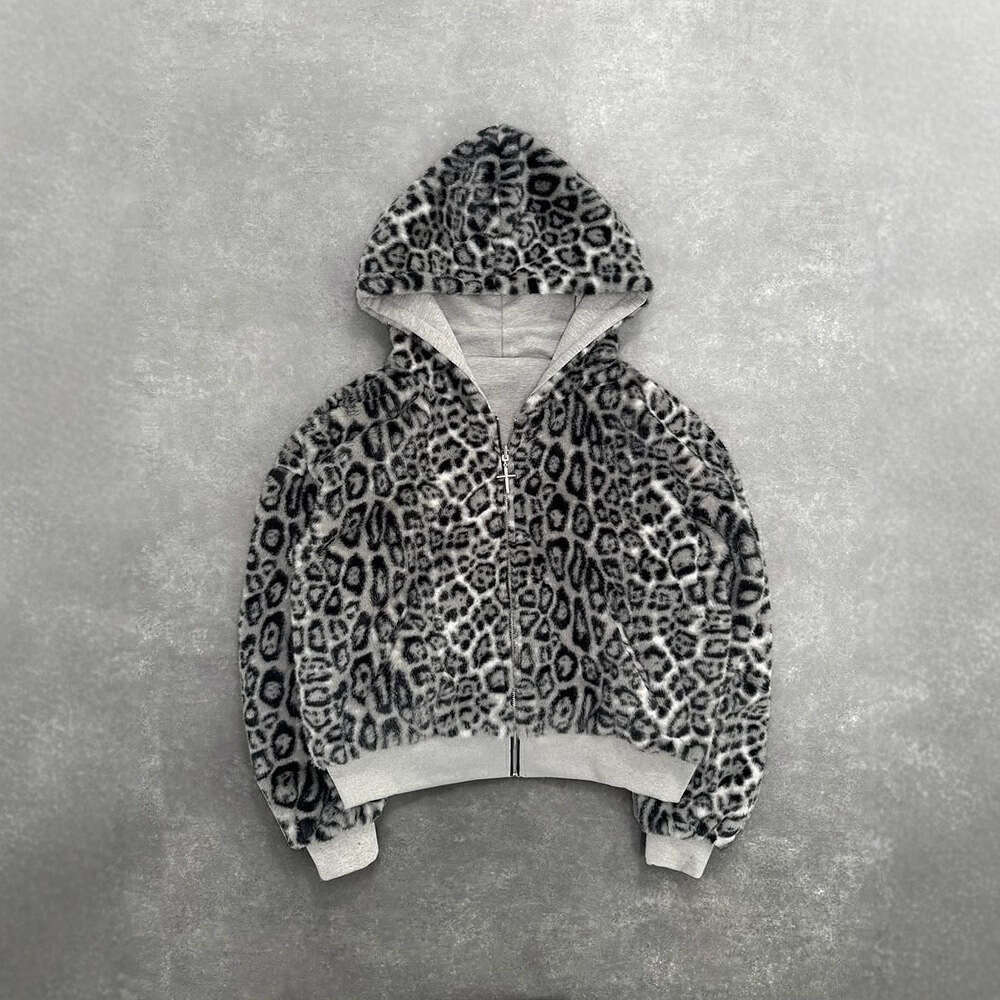 Autumn and Winter New Casual Warm Leopard Print Zipper Loose Reversible Hooded Sweatshirt