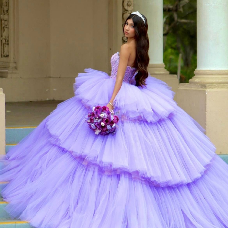 Lavender Quinceanera Dresses Off The Shoulder Sequin Applique Beading Corset Tiered Tull Party Birthday Sweet 16 Dress Vestidos 15 De Anos