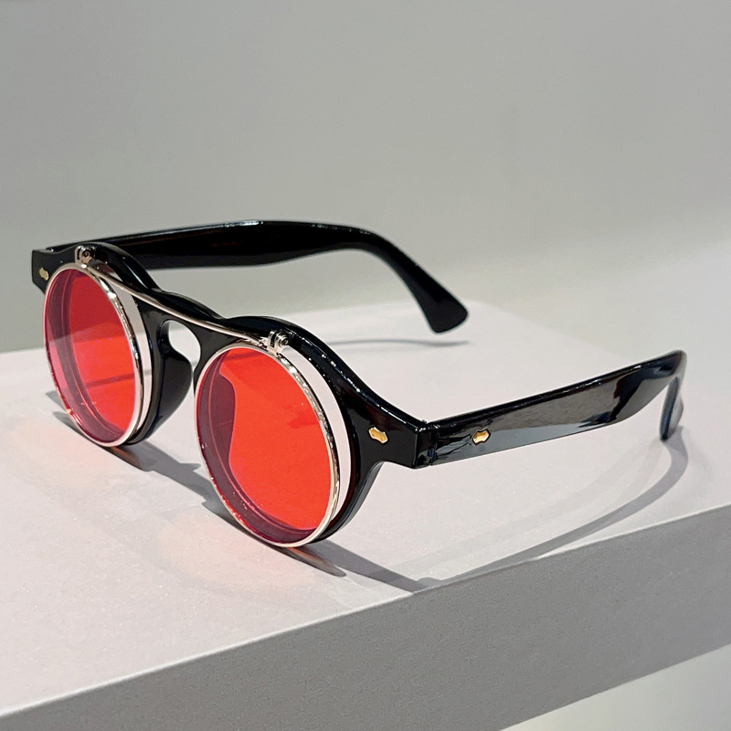 2025 New European American Flip Up Round Frame Sunglasses Punk Retro Rivet Detailed Unisex Sunglasses