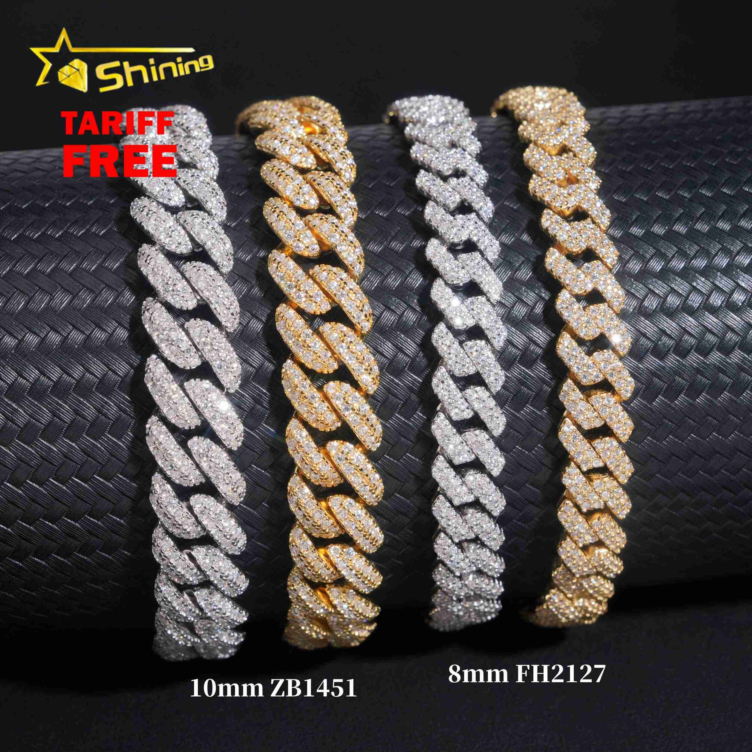 Wholesale Price Hip Hop Men Moissanite Bracelets 925 Sterling Silver 8MM 10MM 2 Rows Iced Out Moissanite Cuban Bracelet