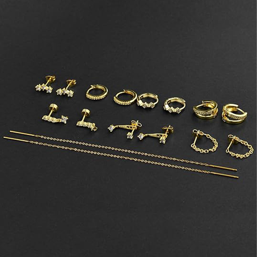 8 Pairs 18K Gold Plated Small Hoop Earring CZ Cartilage Stud Earring for Women Long Chain Drop Dangle Stack Earrings for Multiple Piercings Gold Tone