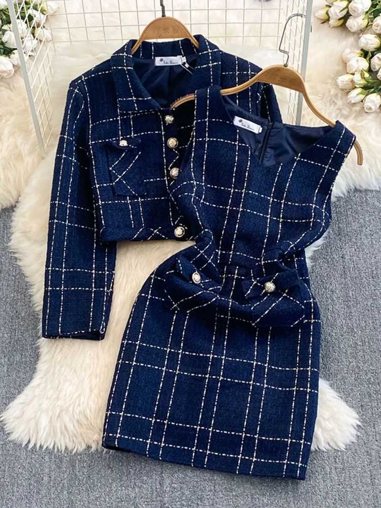 Autumn Dress Suit Women Luxury Korean Chic Blue Tweed Jacket Vest Dress Elegant 2 Piece Set Long Sleeve Cropped Coat L250926M703