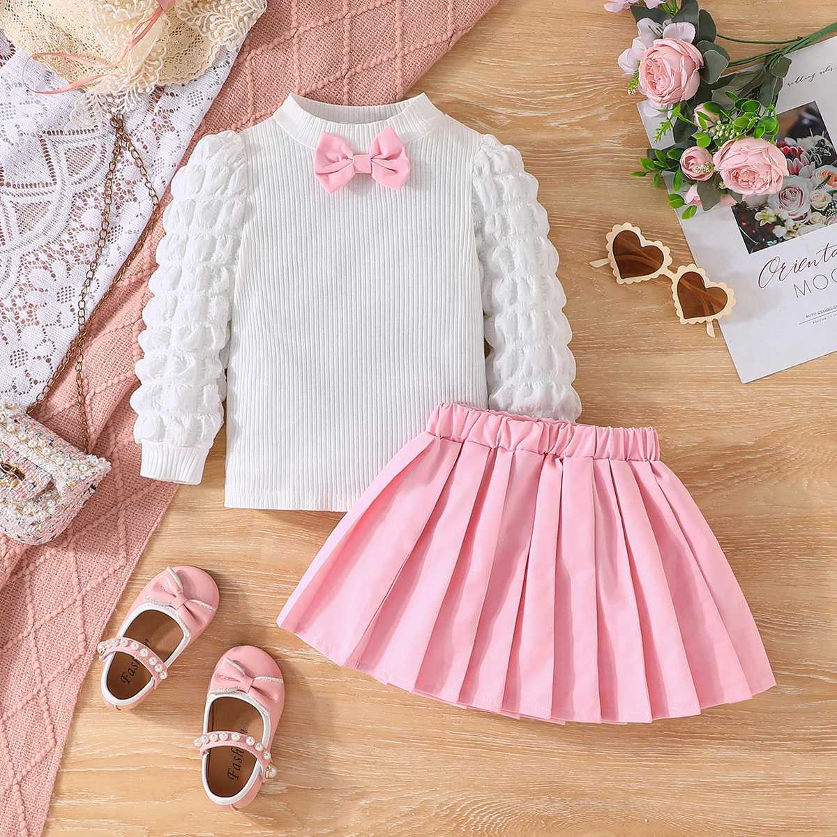 FOCUSNORM 3 Colors Fashion Kids Girls Fall Clothes Sets 38Y Long Puff Sleeve Bow Front Tops Pleated Skirt 2PCS L2509265WTL