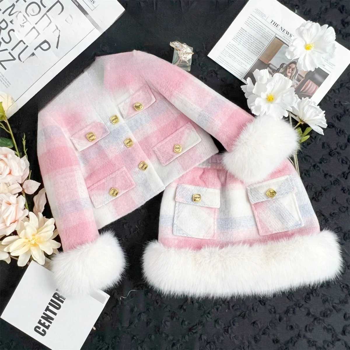 Single Breasted CoatShortskirt 2PCS Kids Winter Princess Clothes Set Toddler Girl Autumn Clothing Children Lattice Elegant Suit L2509261RC8