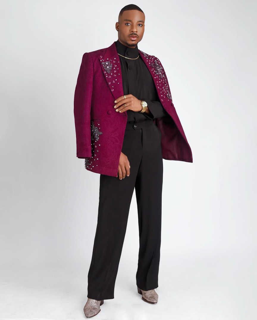 Shiny Men Suit 2 Pcs Blazer Pant Burgundy Double Breasted Crystal Applique Formal Office Groom Wedding Tuxedos Customized