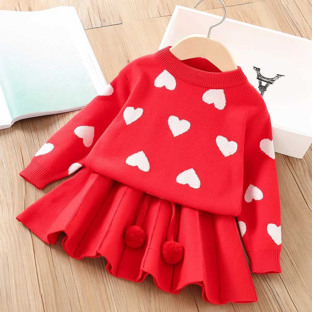 Spring Autumn Girls Clothing Set Heart Pattern Knitted Sweater Sweatshirt Ball Decoration Skirt 2Pcs Suit For Girl L2509268P7E