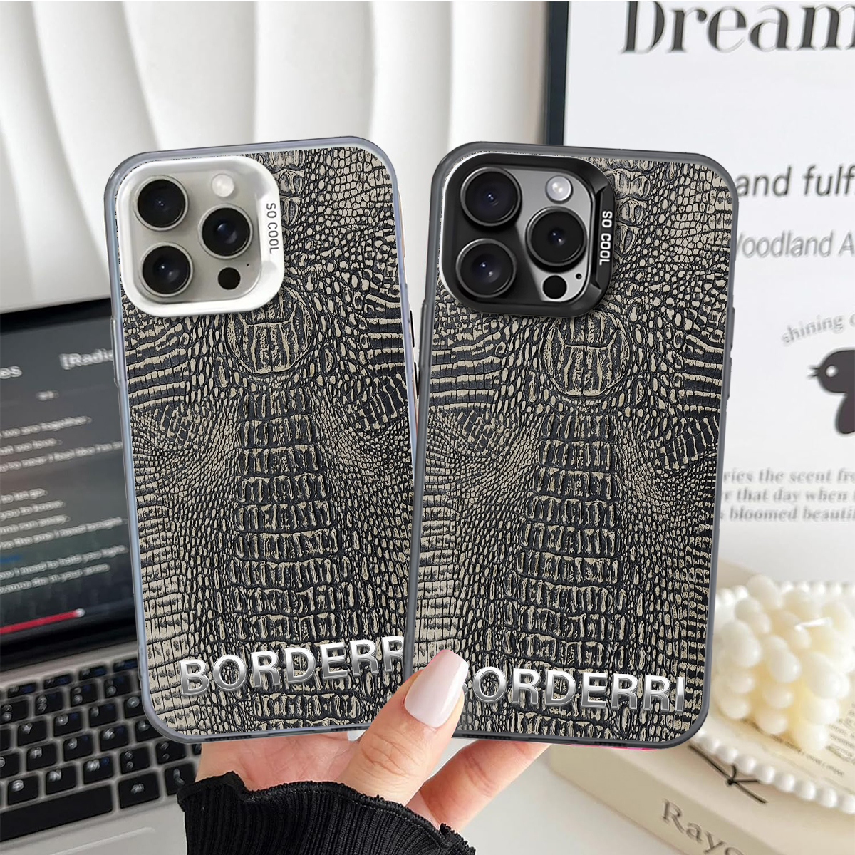 Luxury Designer Phone Case with Black and White Crocodile Texture Pattern for iPhone 11/12/13/14/15/16 Pro MAX, Premium Protective Cover L20250924 (52)