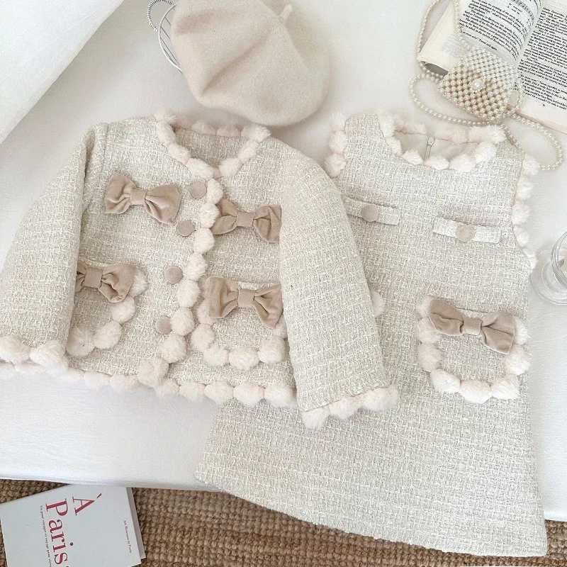 Girls Little Fragrance Plus Cotton Thickened Bow Coat Sundress Twopiece Set Girl Clothes Girls Suit 2025 Winter L250926C327