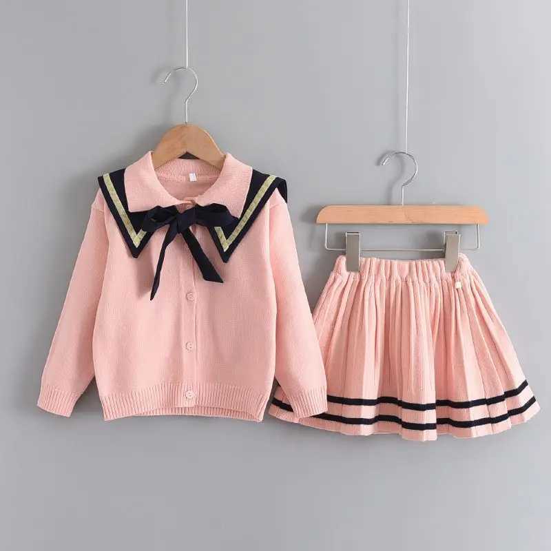 Girls 2025 JK Uniform Set Childrens SpringAutumn Knitted Cardigan Skirt 2piece Set Kids School Breathable Clothing Set LH733 L250926HOYP