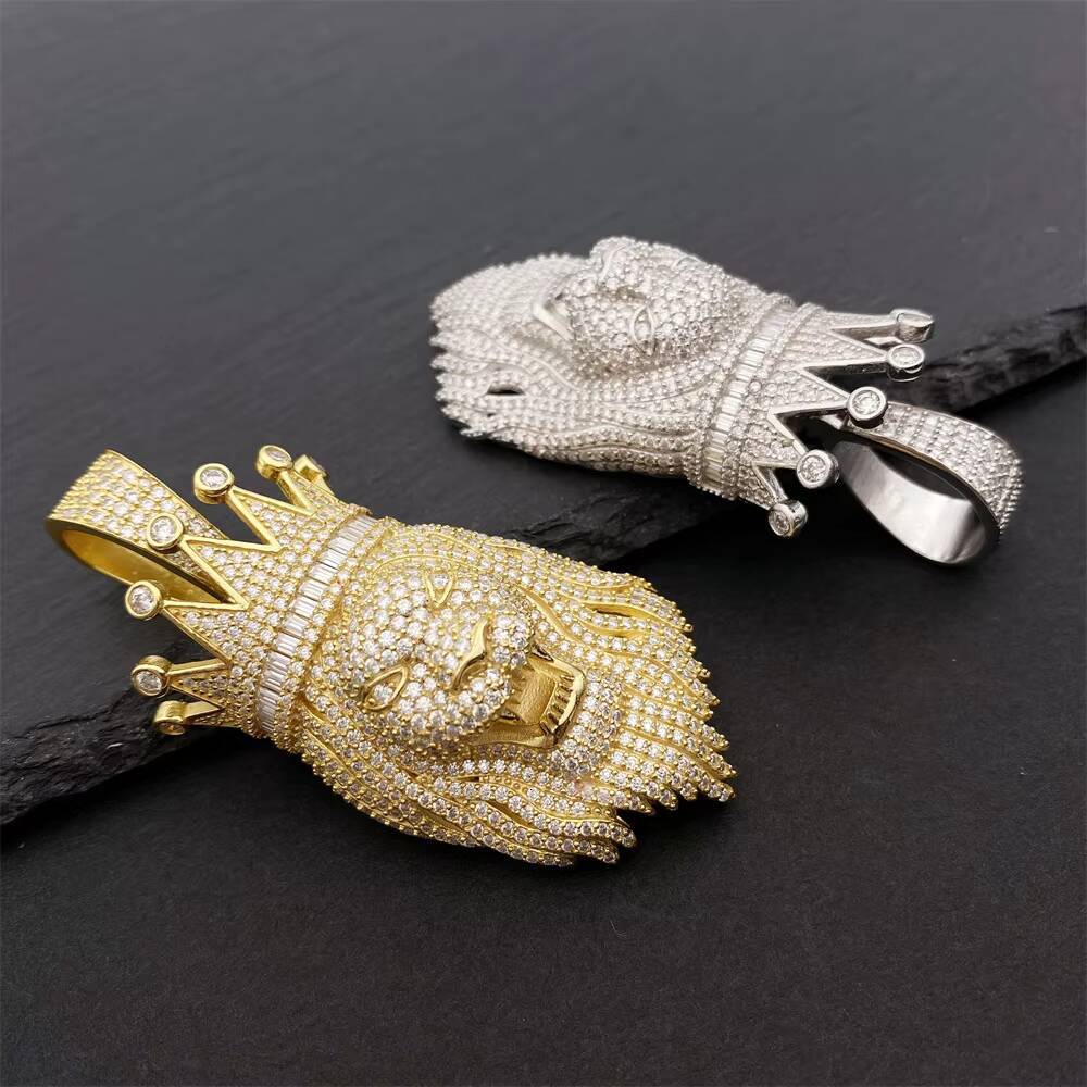 Hip Hop lion Pendant in Silver and Moissanite and Silver Shape Hip Hop Necklace Bling Pendant