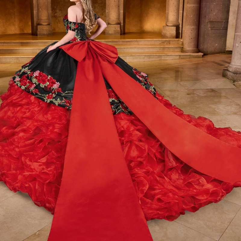 Red Shiny Quinceanera Dresses Off The Shoulder Applique Lace Beads Corset Tiered Tull Party Birthday Sweet 16 Dress Vestidos 15 De Anos