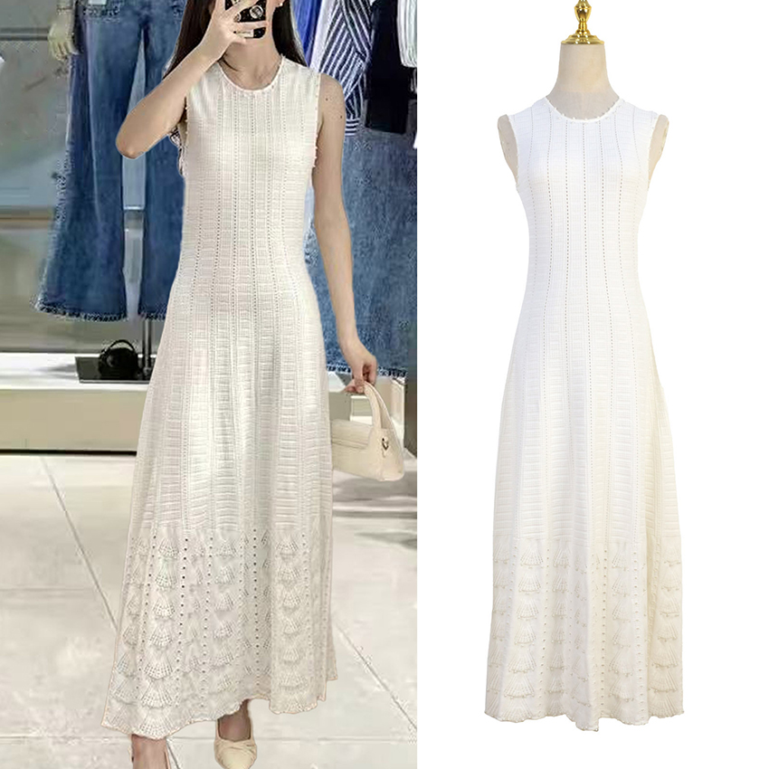 S family spring and summer new design sense hollow sleeveless vest long dress French sexy off-shoulder beaded sleeveless evening dress female knitted 