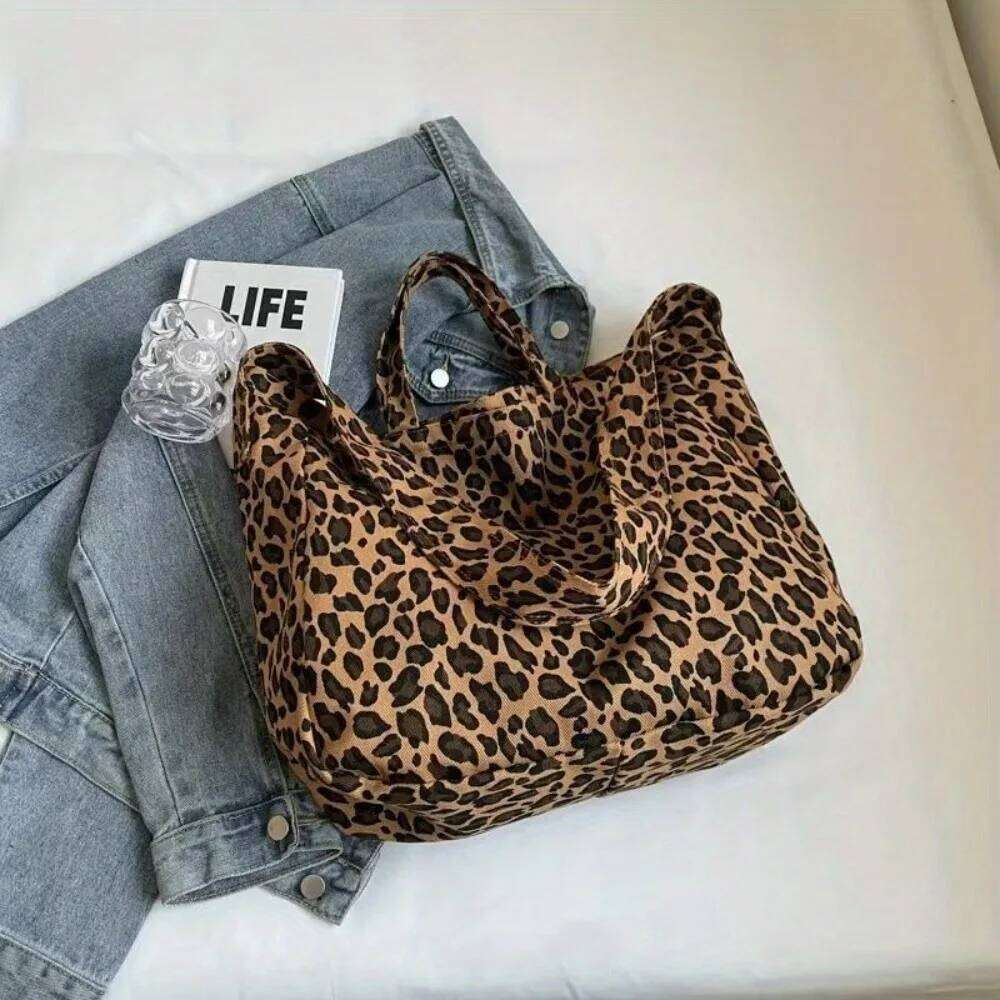 Women's Fashion Leopard Canvas Tote - Spacious Shoulder Bag with Zipper Closure for Shopping and Daily Use