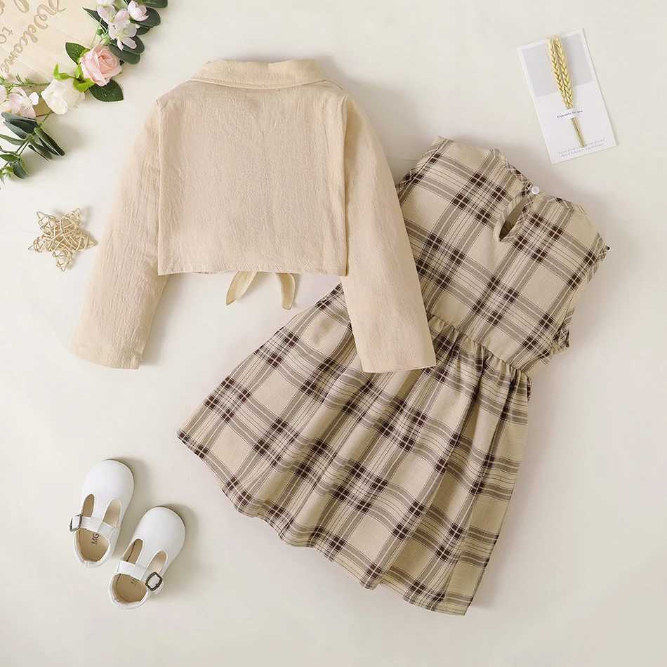 Girls Spring Autumn Apricot Coat Apricot Checkered Long Skirt Two Piece Set Outdoor Activities Birthday Gift Children Sets L250926IXQ6
