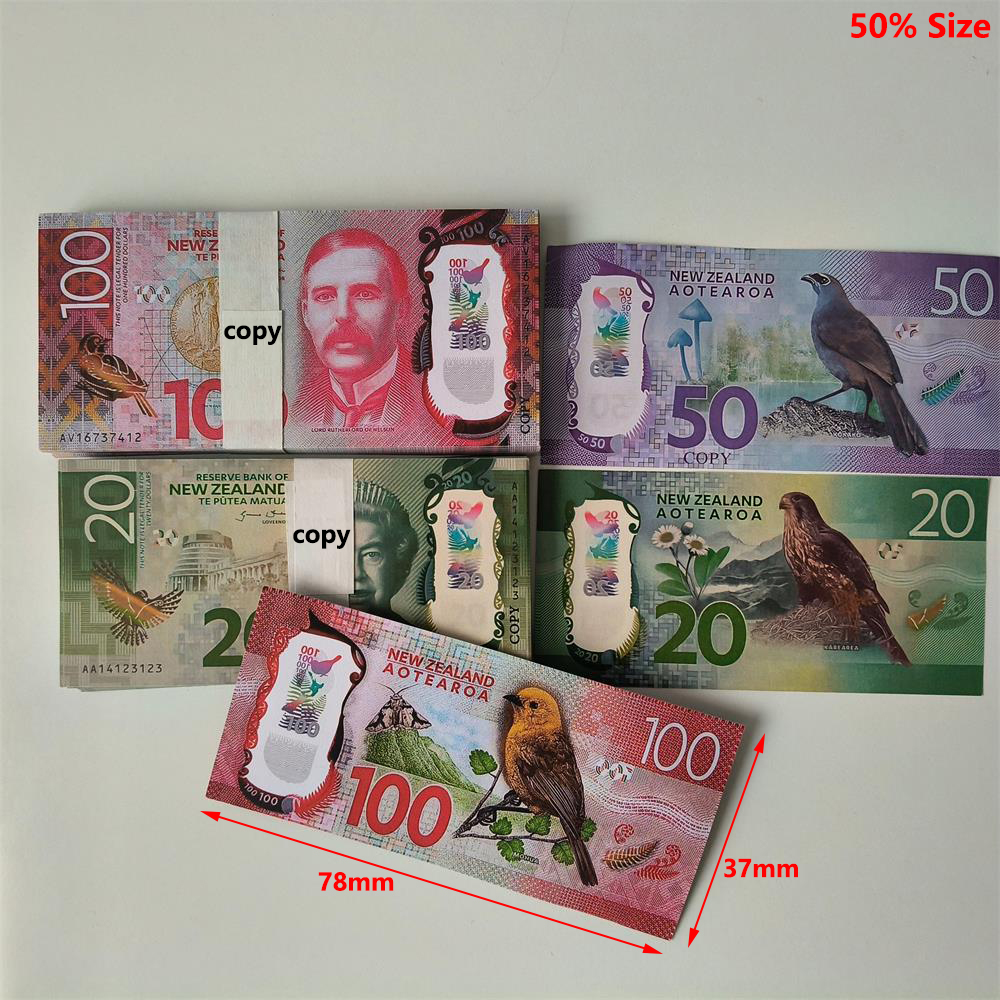 3A Realistic Paper Fake Money New Zealand Prop Money Pounds 20 50 100 NZD Dollar Notes Commemorative AUD Money Toy For Kids Christmas Gifts Or Video Film 78*37mm 50% Size