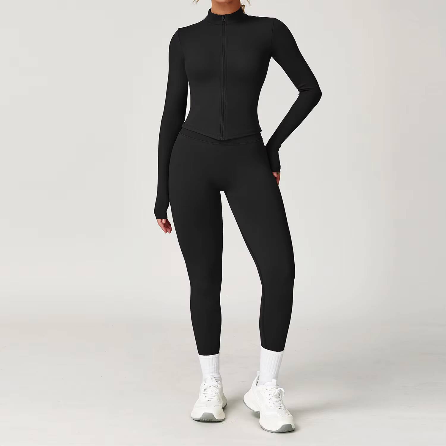Women Stand Neck Full Zipper Jacket Yoga Tracksuit Lady Scrunch Butt Hip Lift Pants Gym Suit Female Long Sleeves Sports Sets