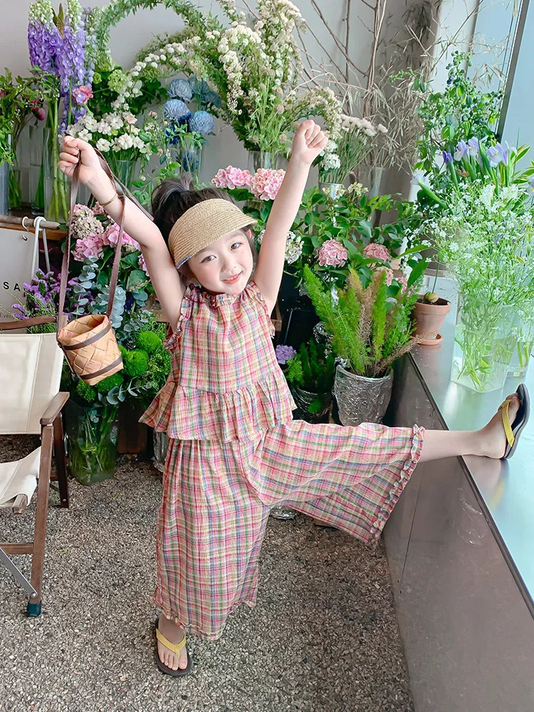2025Girls Summer Sleeveless Wooden Ear Color Fashionable Plaid TwoPiece Set 250922