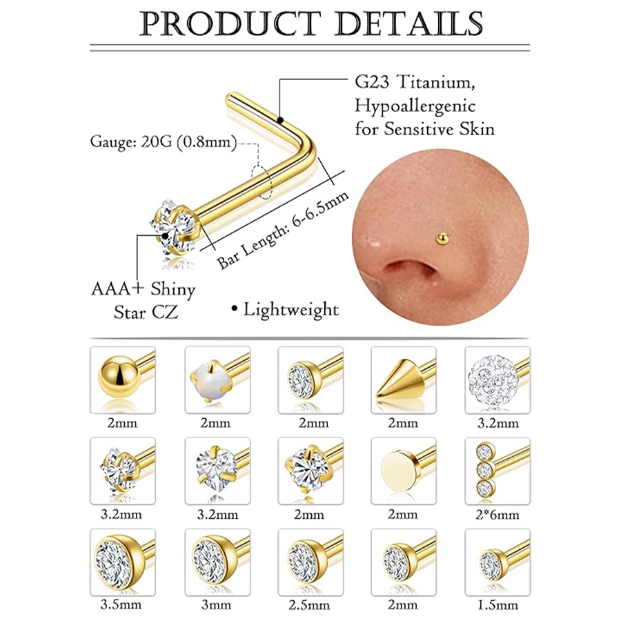 15PCS Titanium Nose Studs Ring L-Shaped Round CZ Ball Opal Star Heart Nose Studs Nostril Body Piercings Jewelry Set for Women Men Gold Tone 20G