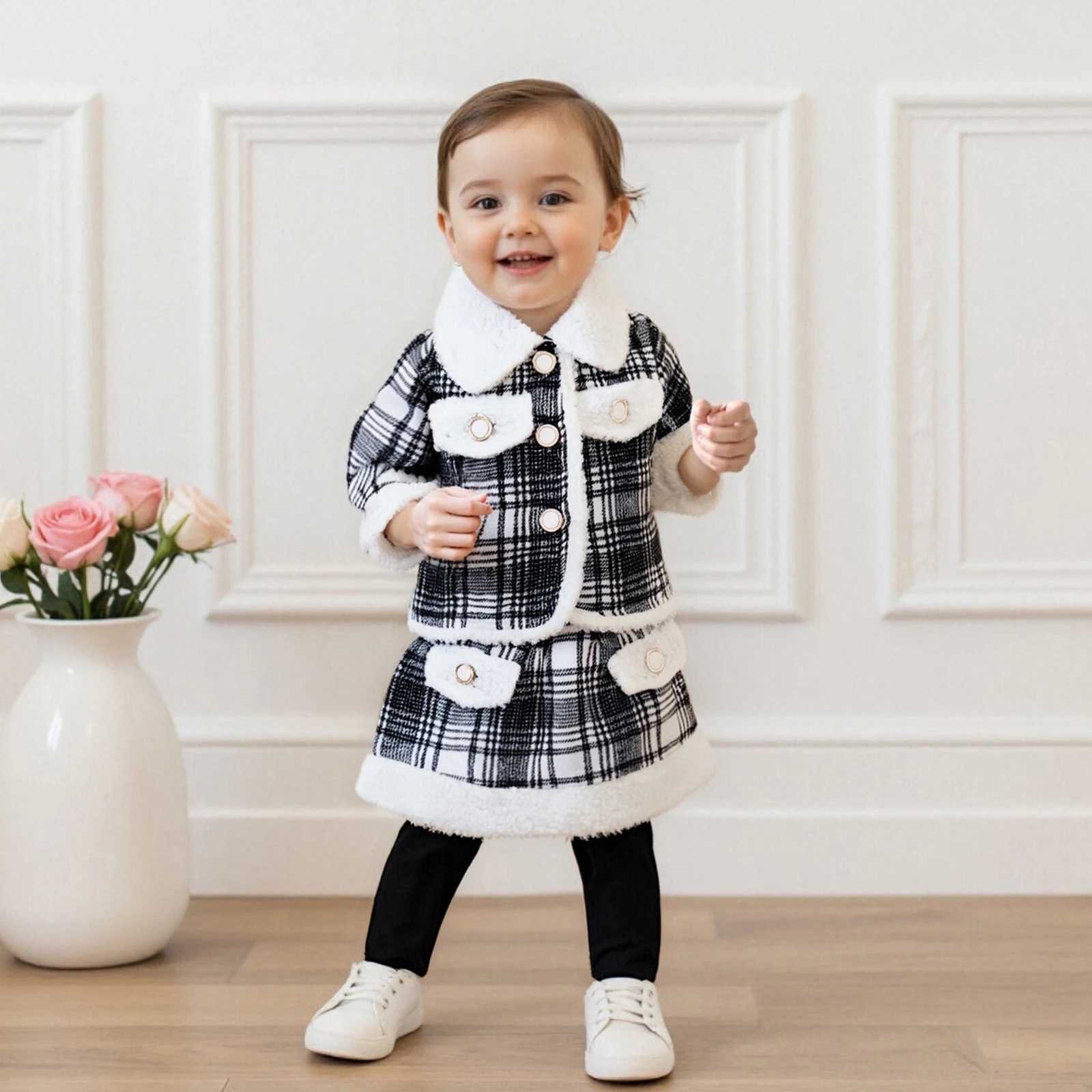 Autumn Toddler Clothes Baby Girls Plaid Long Sleeve Lapel Coat with Elastic Waist Skirt Clothing Set 2Pcs Outfit L250926PY4X