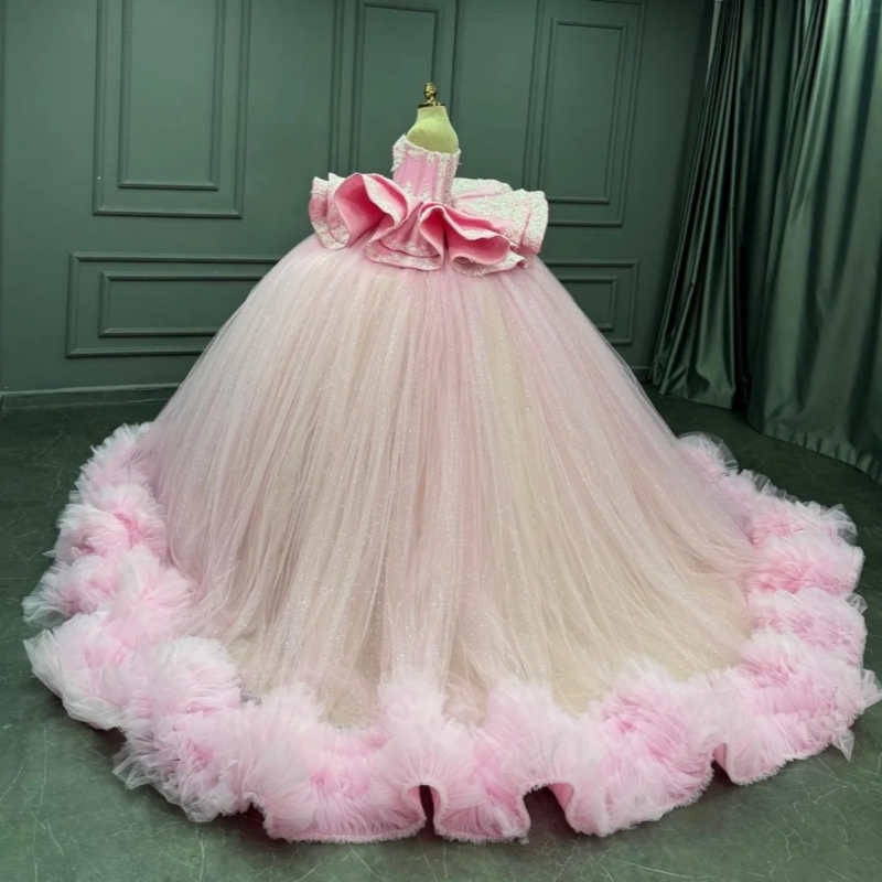 Light Pink Shiny Quinceanera Dresses Off The Shoulder Applique Lace Beads Corset Tiered Tull Party Birthday Sweet 16 Dress Vestidos 15 De Anos