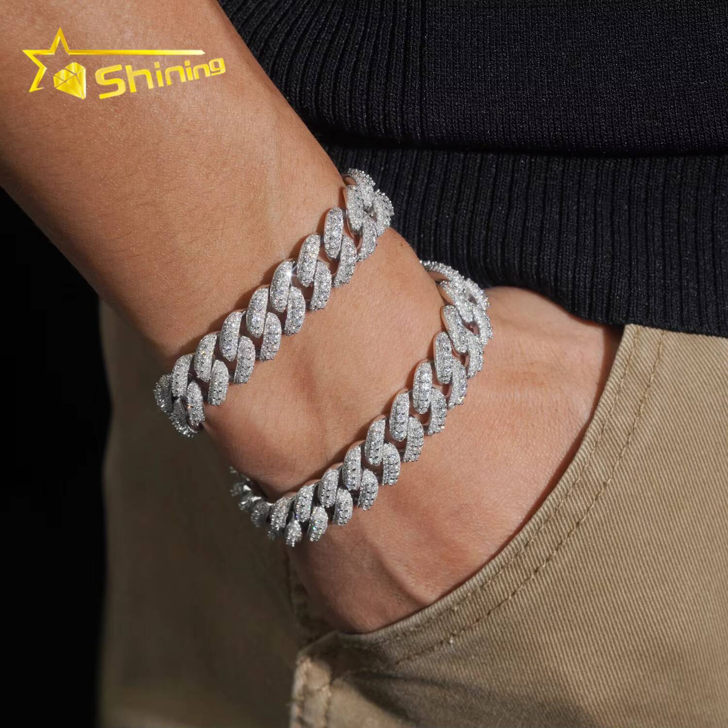 Iced Out 13mm Hip Hop Moon Shape Moissanite Cuban Bracelet Fine Jewelry GRA Certificate Men Women 925 Silver Bracelet