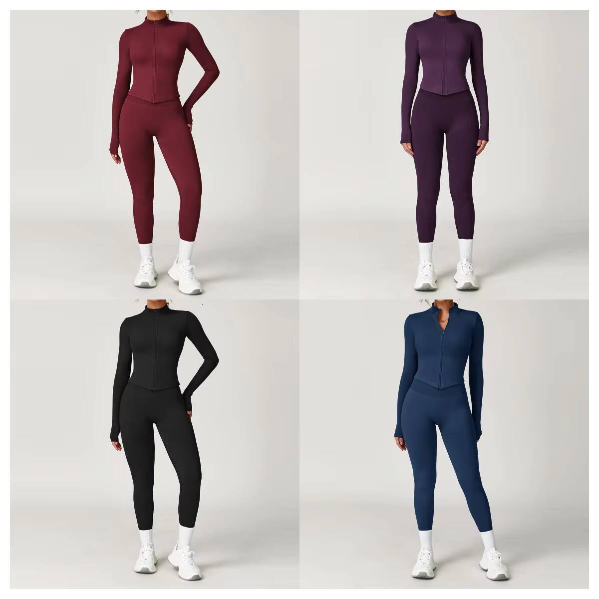 Women Stand Neck Full Zipper Jacket Yoga Tracksuit Lady Scrunch Butt Hip Lift Pants Gym Suit Female Long Sleeves Sports Sets