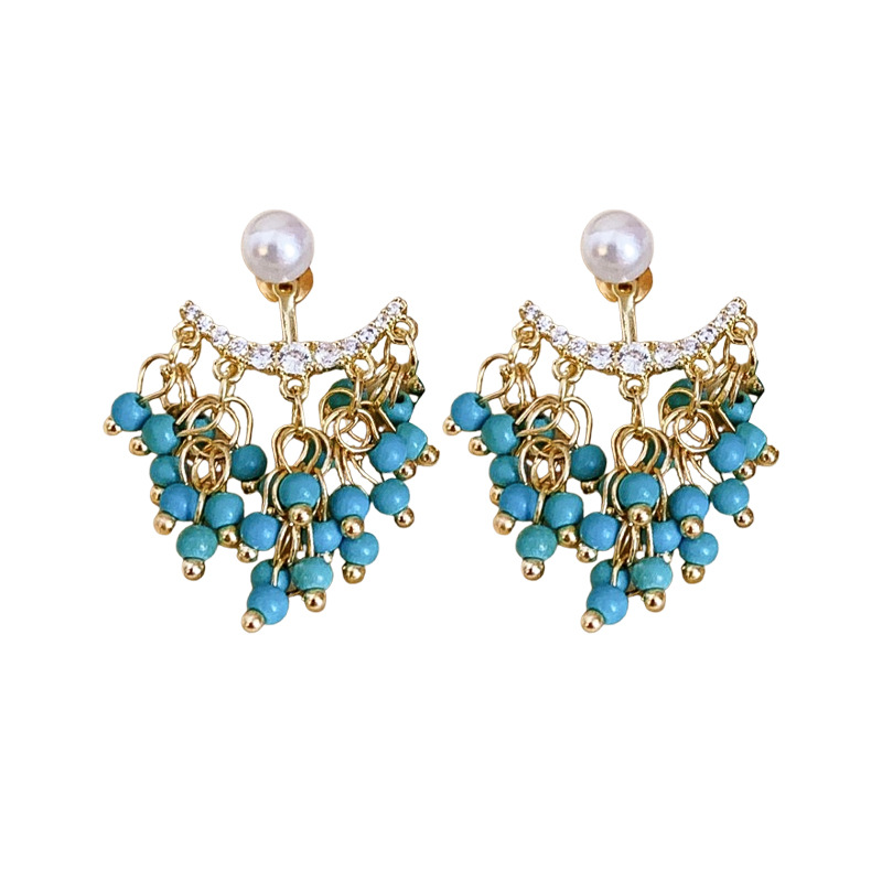 Gold - Toned Dangle Earrings With Turquoise Beads, Pearl And Zircon Accents Delicate Daily & Elegant Jewelry Gift For Her High - Quality And Stylish A